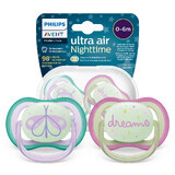 Avent Ultra Air Night, fopspeen, silicone, symmetrisch, glow-in-the-dark, meisje, SCF376/19, 0-6 maanden, 2 stuks