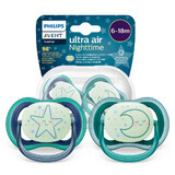 Avent Ultra Air Nighttime, fopspeen, silicone, symmetrisch, glow-in-the-dark, jongen, SCF376/13, 6-18 maanden, 2 stuks