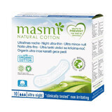 Masmi Natural Cotton, biologisch katoenen maandverband, met vleugels, voor de nacht, ultradun, 10 stuks