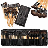 Set van 32 Fraulein38 Natuurlijke Houten Make-up kwasten + Opbergtasje