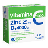 Vitamine C 1000 mg + Zn 25 mg + D3 4000 IU, 30 comprimés pelliculés, Fiterman