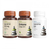 Pak Spirulina 500 mg, 30 tabletten + Ginkana Ginkgo 50+, 30 tabletten + Co-enzym Q10, 30 tabletten, Alevia