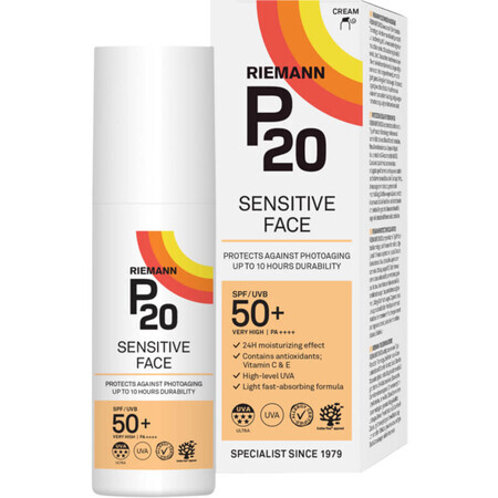 Gezichtscrème met gevoelige zonnebescherming SPF 50+, RIEMANN P20, 50ml