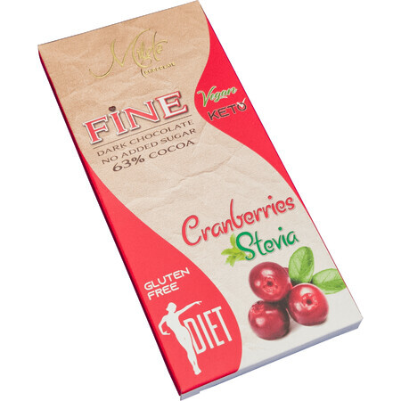 Pure dieetchocolade met zwarte kersen en stevia, 63% cacao, 80 g, Milete