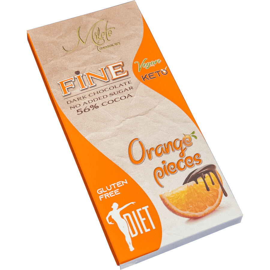 Pure dieetchocolade met sinaasappels, 56% cacao, 80 g, Milete