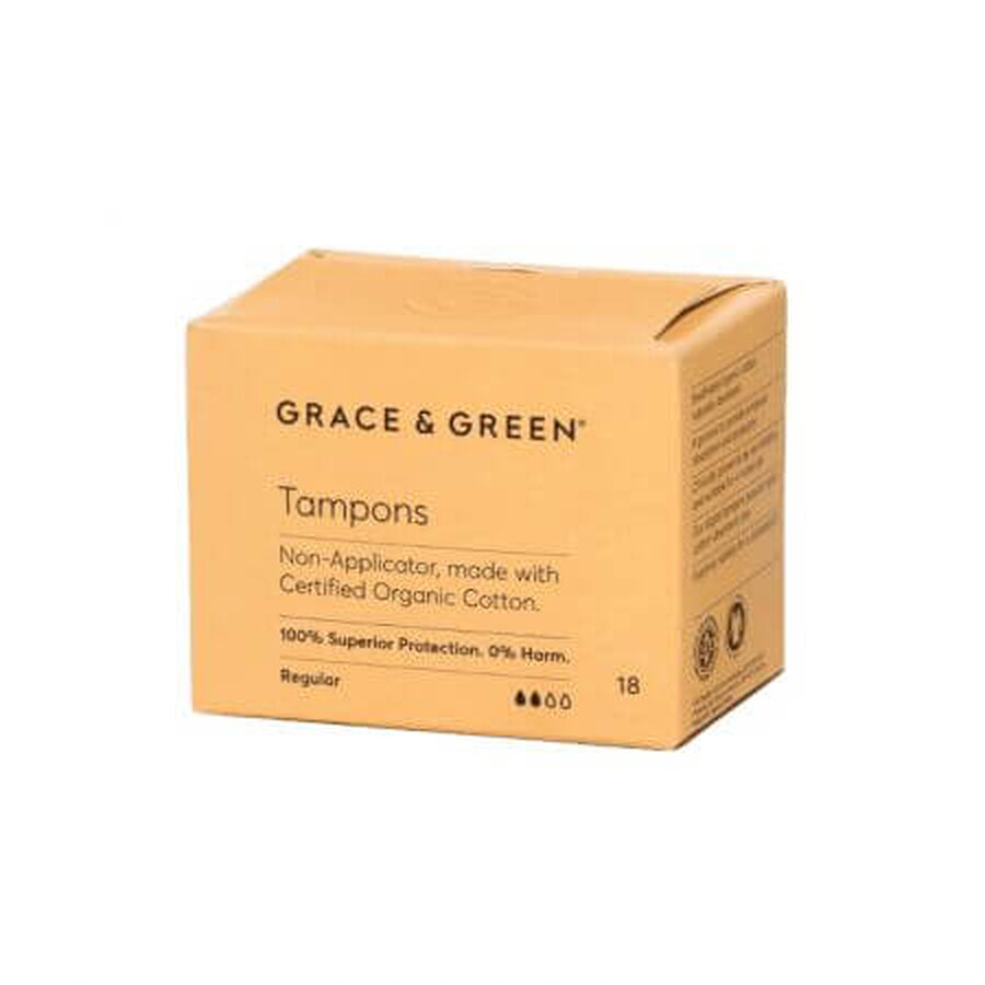 Tampons en coton bio sans applicateur, Normal, 18 pièces, Grace and Green