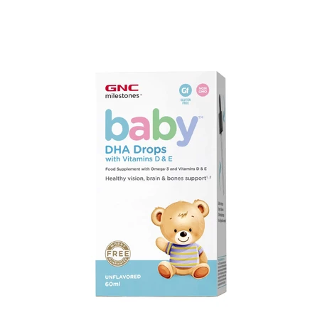 GNC Milestones® Baby™ DHA Drops con vitamine D ed E, gocce con DHA + vitamina D ed E per neonati, 60 ml