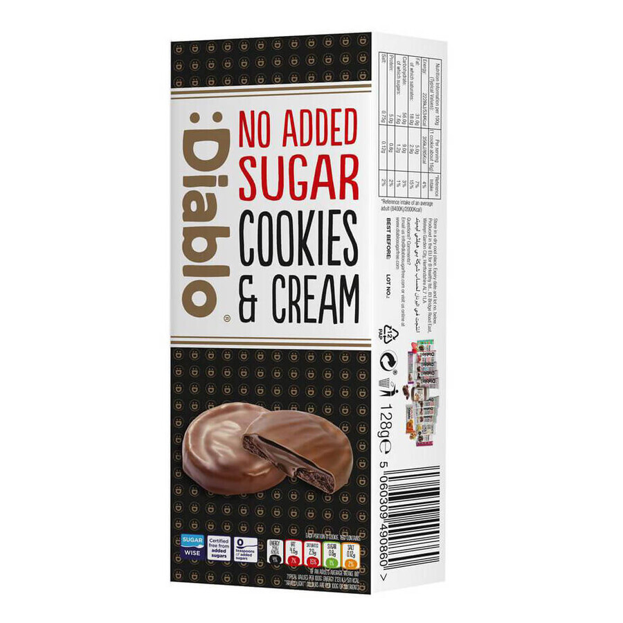 Biscuits sans sucre avec fourrage et enrobage au chocolat, 128 g, Diablo