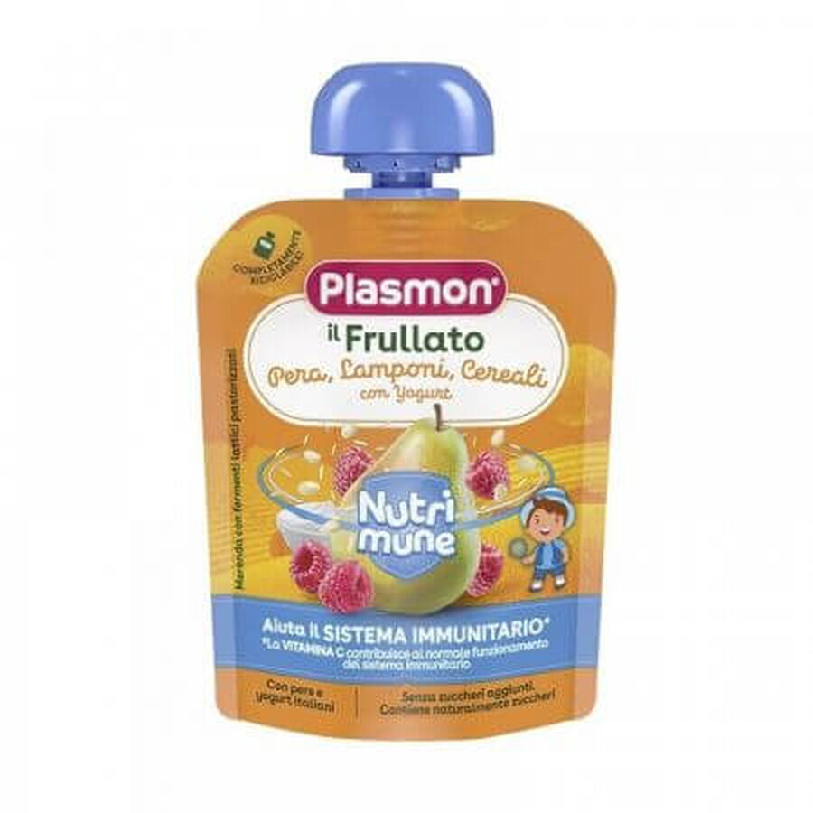 Nutrimune peer, framboos, granen en yoghurt puree, 85 g, Plasmon