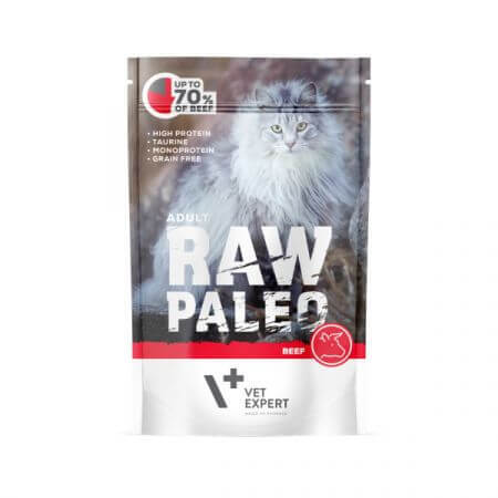 Hrana umeda cu carne de vita pentru pisici adulte Raw Paleo, 100 g, VetExpert