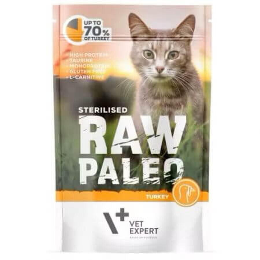 Aliment humide avec de la dinde pour animaux stérilisés Raw Paleo, 100 g, VetExpert