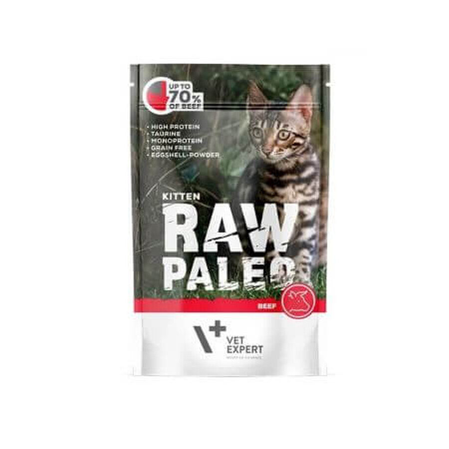 Nourriture humide pour chats avec du bœuf Raw Paleo Kitten, 100 g, VetExpert