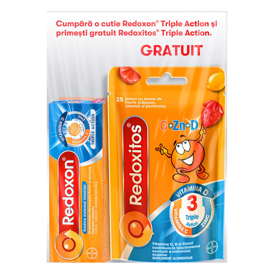 Redoxon Triple Action Vitamine C, D en Zink Pak, 10 tabletten + Redoxitos Triple Action Vitamine C Gelei 30 mg, 25 stuks, Bayer