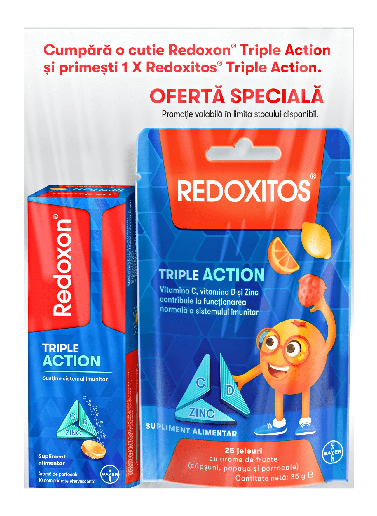 Redoxon Triple Action Vitamine C, D en Zink Pak, 10 tabletten + Redoxitos Triple Action Vitamine C Gelei 30 mg, 25 stuks, Bayer