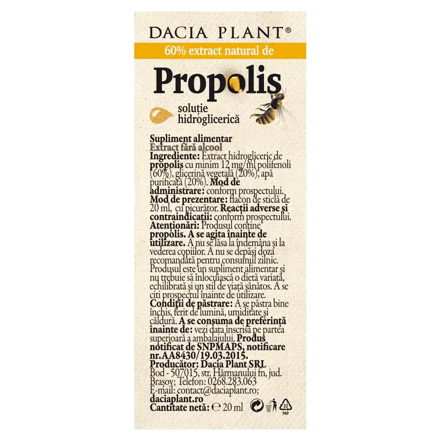 Natuurlijk propolisextract zonder alcohol, 20 ml, Dacia Plant