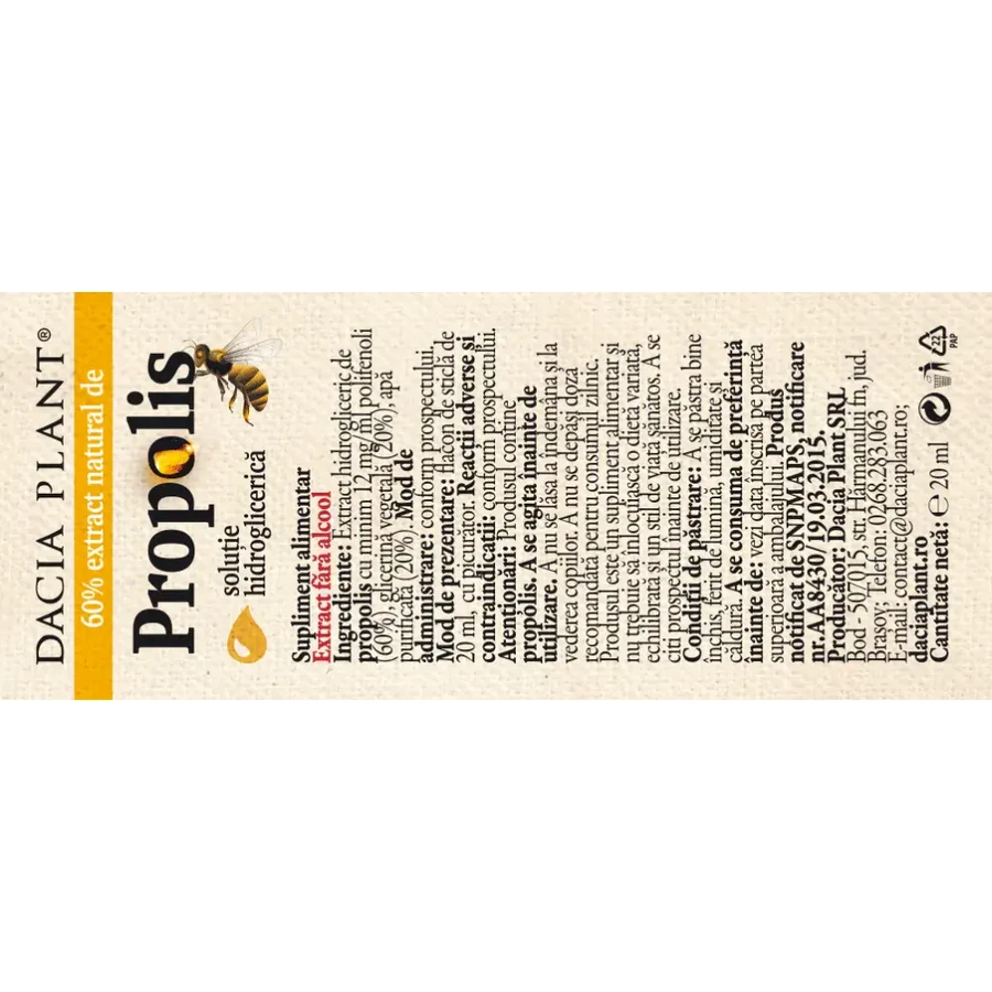 Natuurlijk propolisextract zonder alcohol, 20 ml, Dacia Plant