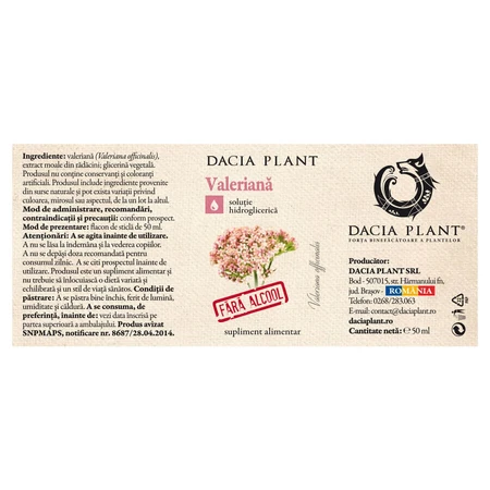 Natural Valerian extract without alcohol, 50 ml, Dacia Plant