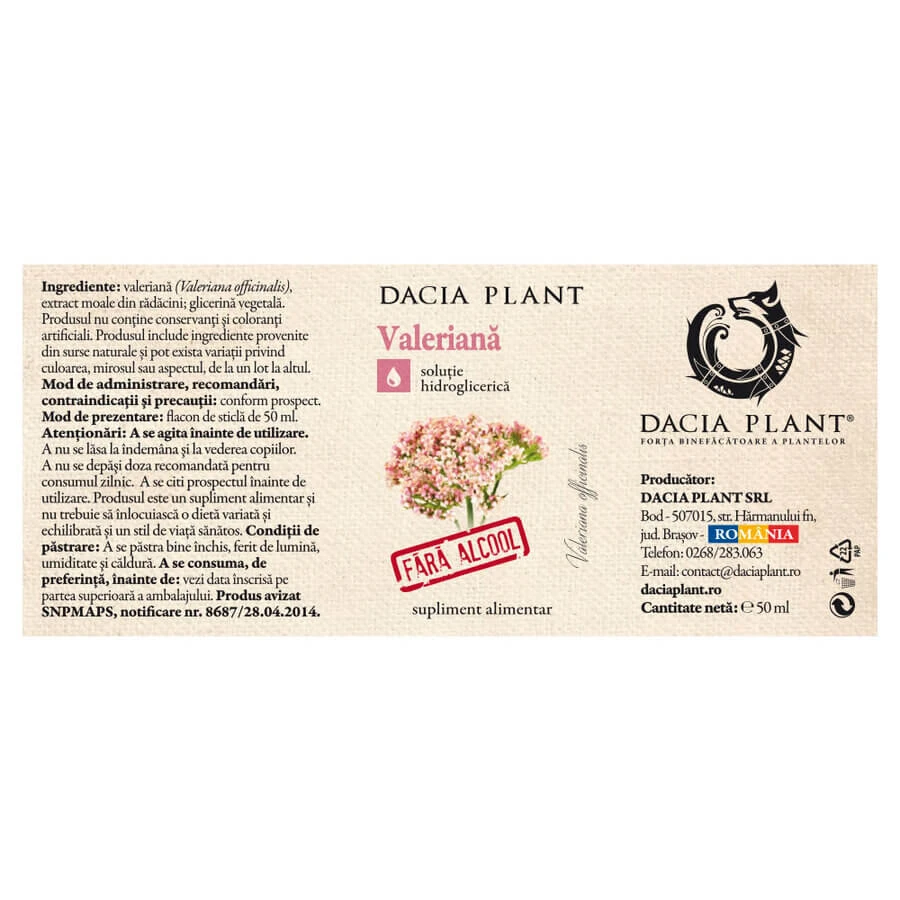 Natural Valerian extract without alcohol, 50 ml, Dacia Plant