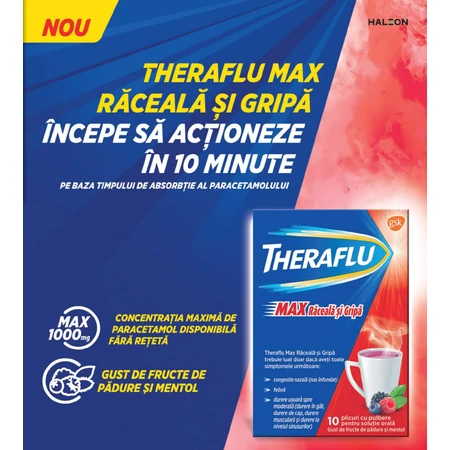 Theraflu Max Raffreddore e Influenza, aroma di frutti di bosco e mentolo, 10 bustine, Gsk