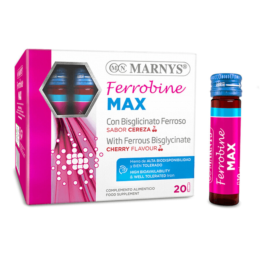 Ferrobine Max avec fer, zinc et vitamines, 20 ampoules, Marnys