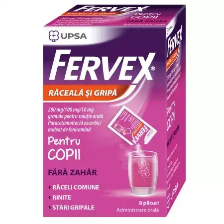 Fervex Erkältungs- und Grippemittel für Kinder, zuckerfrei, 280mg/100 mg/10 mg, 8 Beutel, Upsa