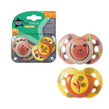 Sucettes orthodontiques amusantes, 6 - 18 mois, Orange / Jaune, 2 pièces, Tommee Tippee