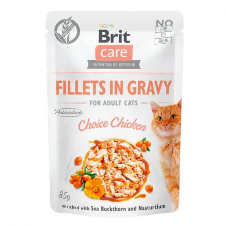 Comida húmeda con filetes de pollo para gatos Brit Care Filetes en Gravy Choice Pollo, 85 g, Brit