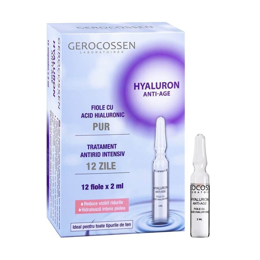 Ampoules de hyaluron avec acide hyaluronique pur, 12 ampoules x 2 ml, Gerocossen