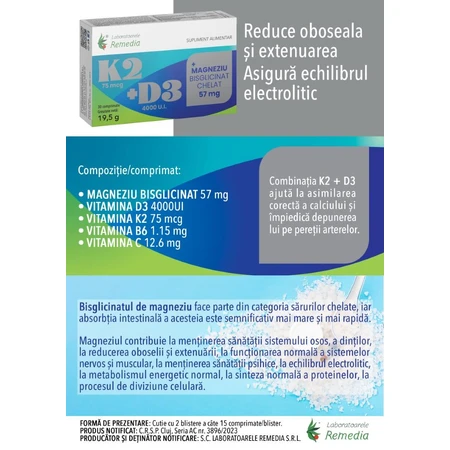 K2 + D3 + Magnesiumbisglycinaatchelaat, 30 tabletten, Remedia