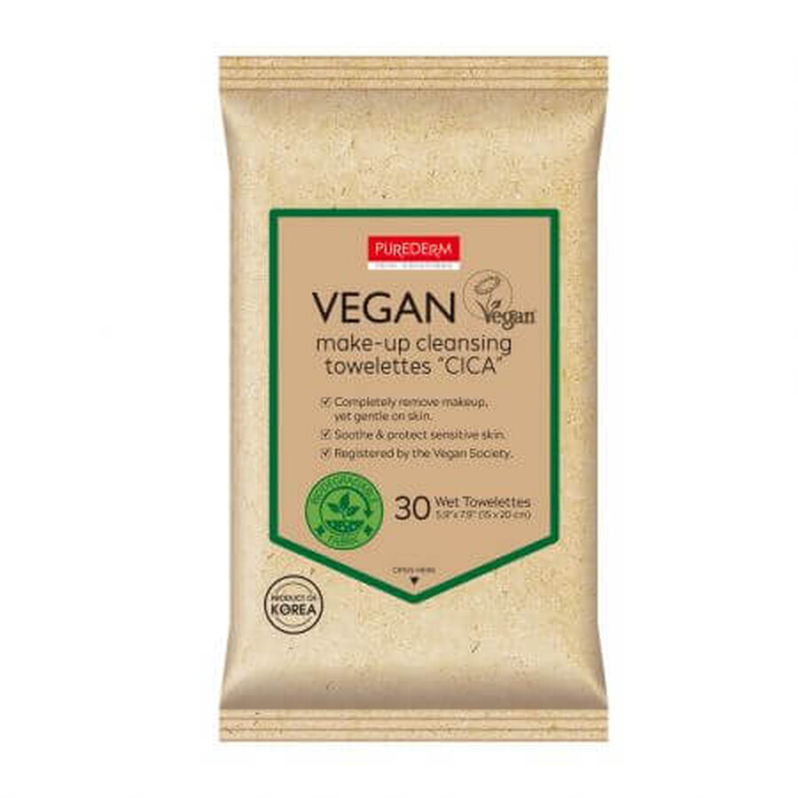 Salviette struccanti vegane con estratto di Cica, 30 pz, Purederm