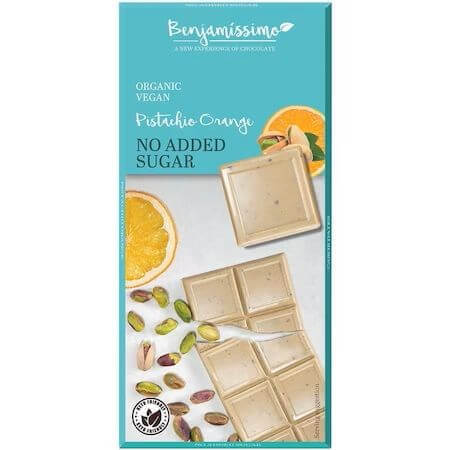 Cioccolato bianco bio con pistacchio e arance, 70 g, Benjamissimo