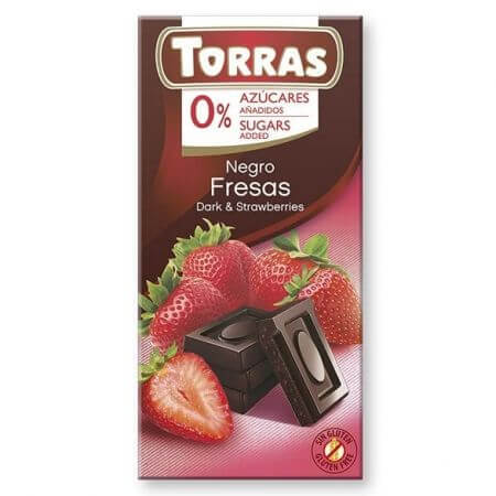 Zwarte chocolade met aardbeien, 75 g, Torras