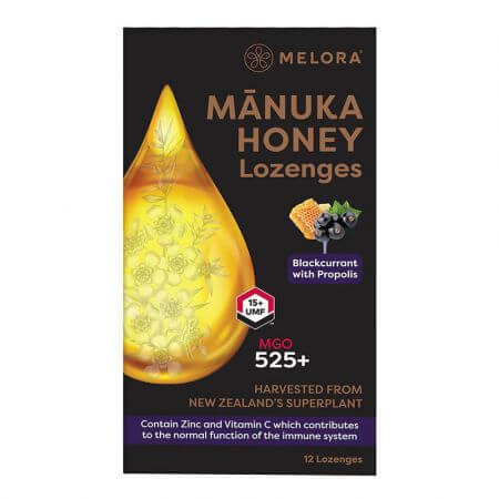 Manuka Honing Druppels met Zwarte Bes en Propolis, 12 stuks, Melora