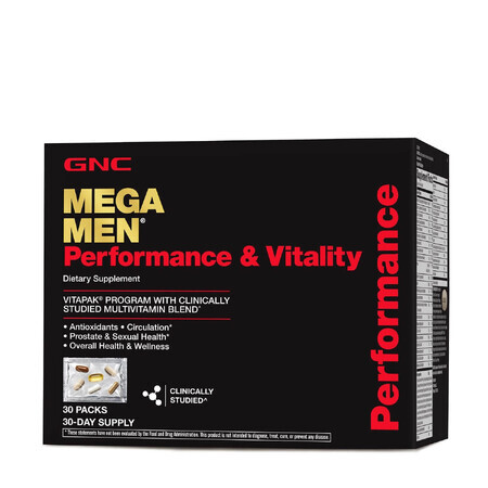 Mega Men® Performance &amp; Vitality Vitapak®, Multivitaminencomplex voor mannen, prestatie en vitaliteit, 30 verpakkingen, GNC