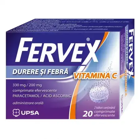 Fervex Pijn en Koorts Vitamine C, 330 mg/ 200 mg, 20 bruistabletten, Upsa