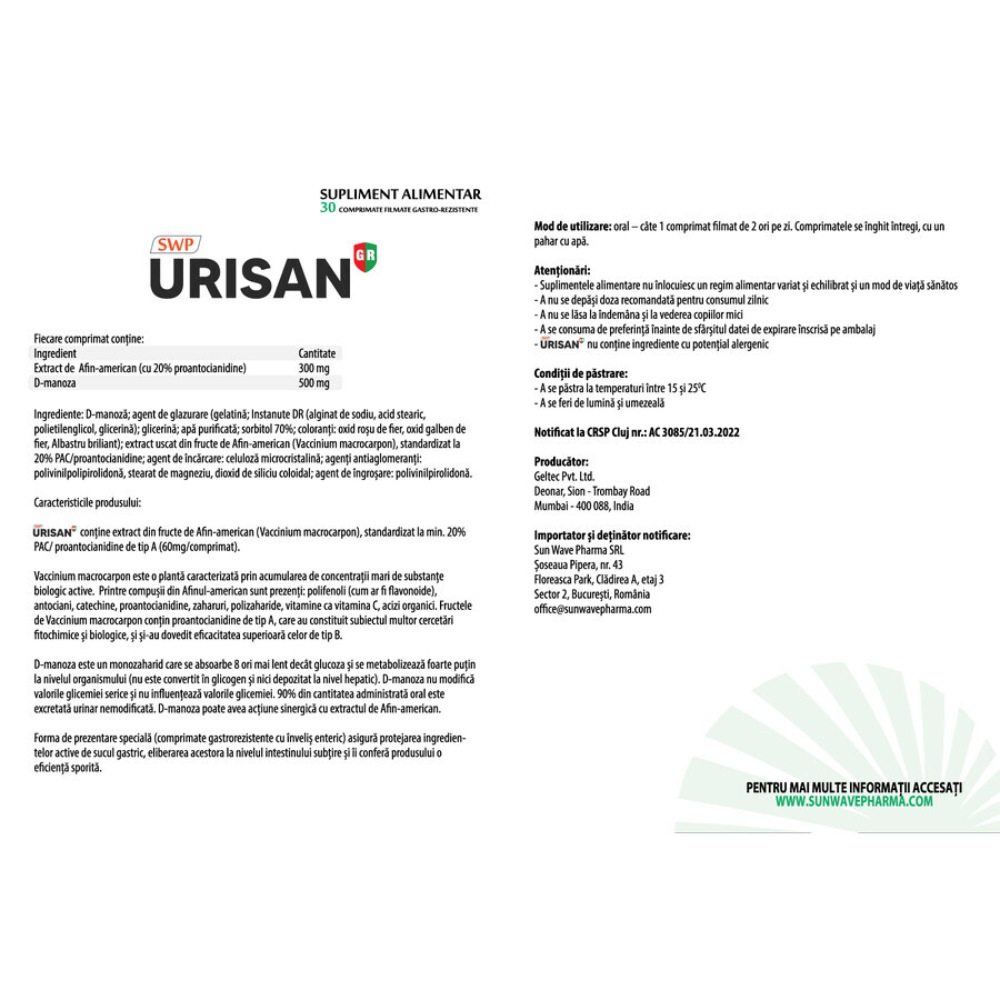 Urisan Urinaire Tractoren, 30 tabletten, Sun Wave Pharma