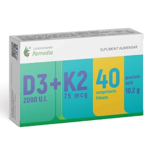 Vitamina D3 2000 UI + Vitamina K2 75 mcg, 40 comprimidos recubiertos con película, Remedia