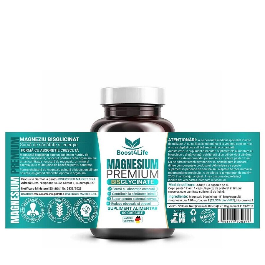 Magnesium Bisglycinaat Premium verpakking, 2x60 capsules, Boost4Life