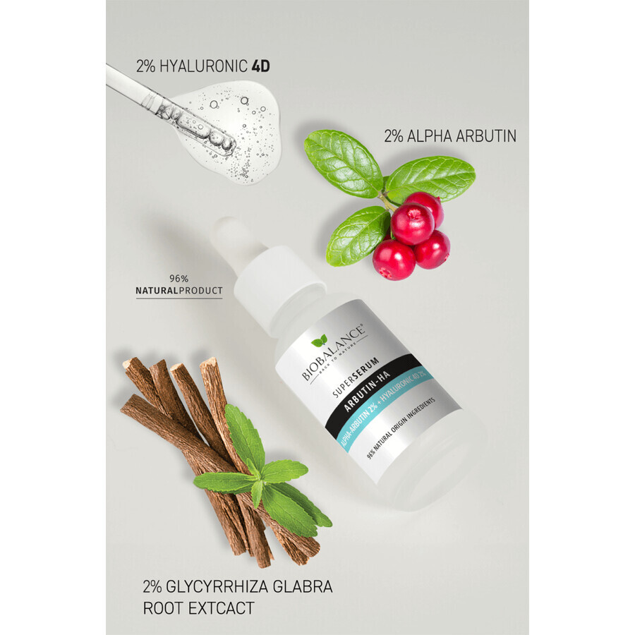 Super Sérum Arbutine-HA avec Alpha-Arbutine 2% + Acide Hyaluronique 4D 2%, contre les taches pigmentaires, Bio Balance, 30 ml, Biocart