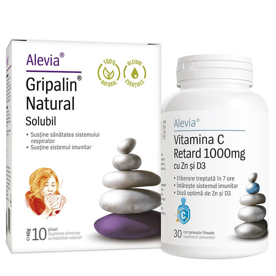 Gripalin Natuurlijk Oplosbaar 10 zakjes + Vitamine C 1000 mg Vertraagd met Zn en D3 30 tabletten, Alevia