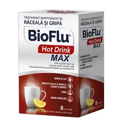 Bioflu Hot Drink Max, 1000 mg/200 mg/4 mg korrels voor orale suspensie, 8 sachets, Biofarm