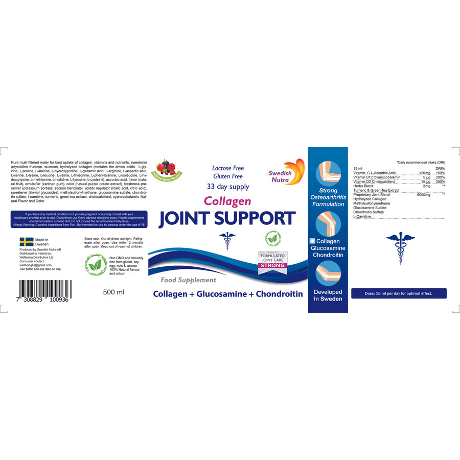 Joint Support Collagen Hydrolyzed Liquid Type 2 5000 mg 2 x 500 ml Swedish Nutra 