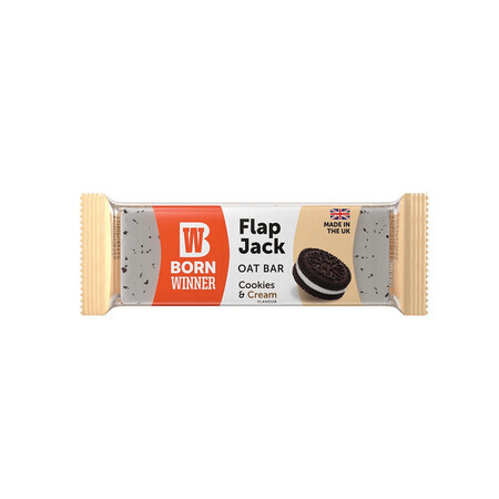 Baton de ovaz cu ciocolata alba si cookies cream Flap Jack, 100 g, Born Winner