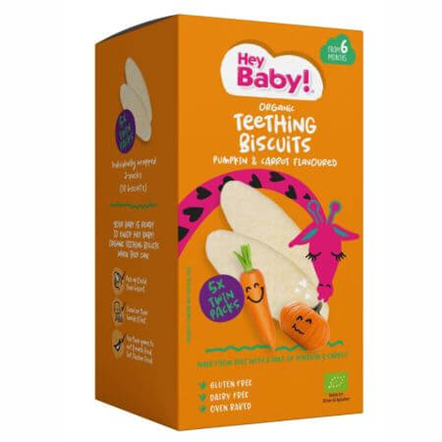 Biologische tandkoekjes met wortel en pompoen, +6 maanden, 20g, Hey Baby