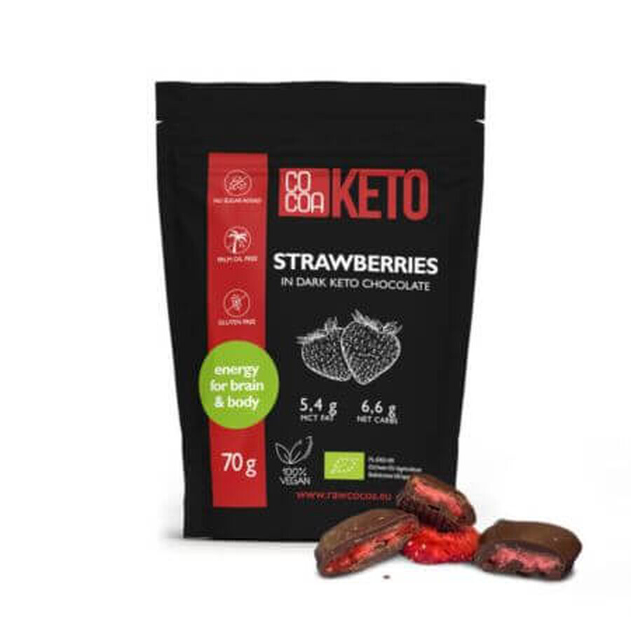 Biologische aardbeien bedekt met pure chocolade Keto, 70 g, Cacao