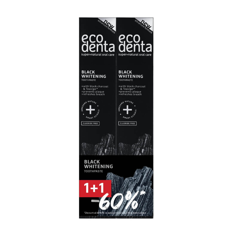 Package 1+1-60% Toothpaste for whitening Extra Black with charcoal and Teavigo, Ecodenta, 2x75 ml