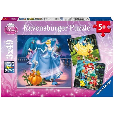 Puzzle alba ca zapada, cenusereasa si ariel, 3x49 piese, Ravensburger