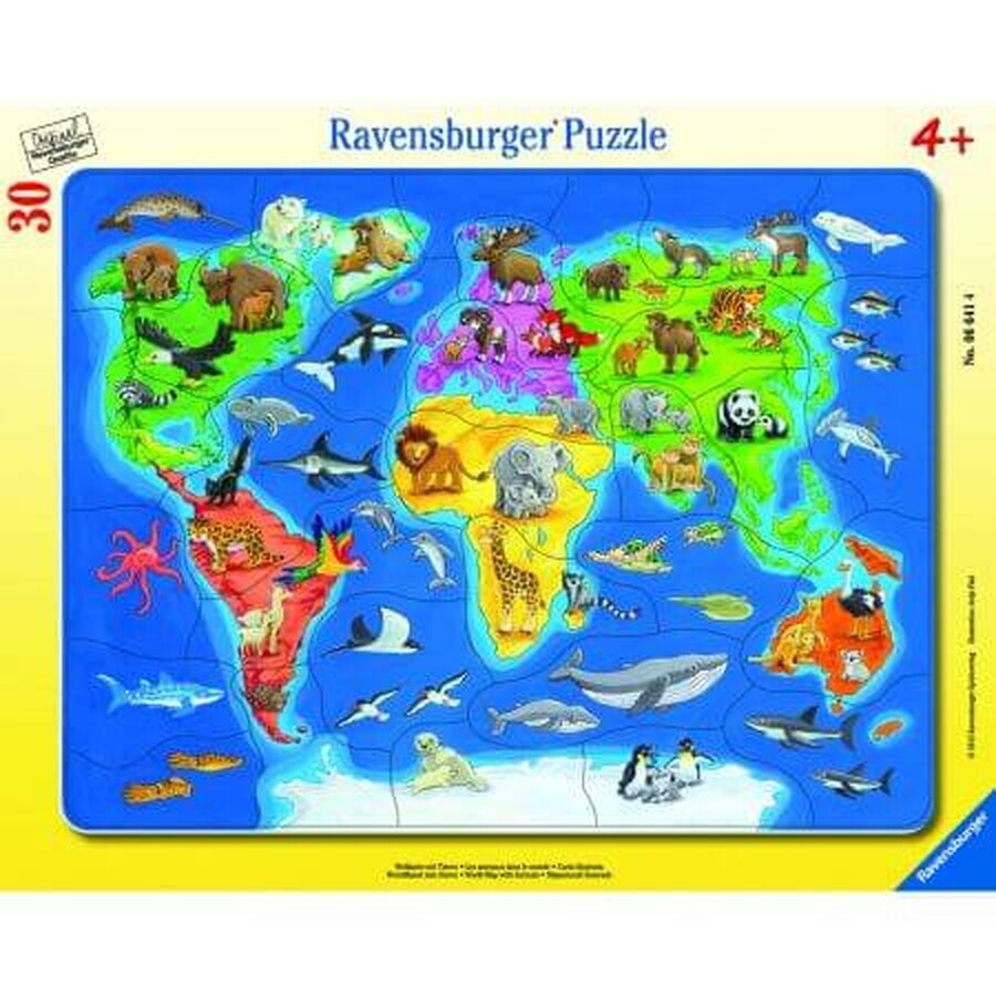 Puzzle Carte du monde avec animaux, 30 pièces, Ravensburger