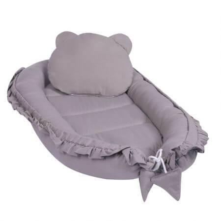 Baby-Nest aus Baumwolle mit Kissen, Grau, E-Kids