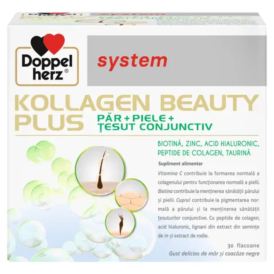 Kollagen (Collageen) Beauty Plus Systeem voor haar en huid met biotine en hyaluronzuur, 30 doses voor de prijs van 20 doses, Doppelherz